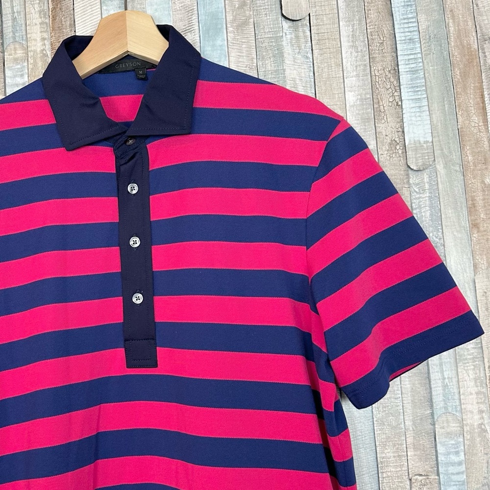 Greyson M Pink & Navy Stripe Pima Cotton Golf Polo Shirt Top Contrast Collar - Picture 1 of 8